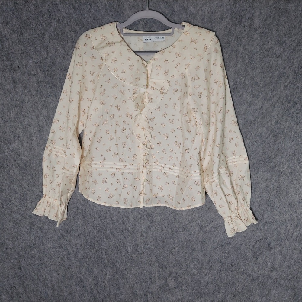 Zara Girls Blouse 13 14 Cream Cottagecore Ruffle Pleated Floral Button Up Top